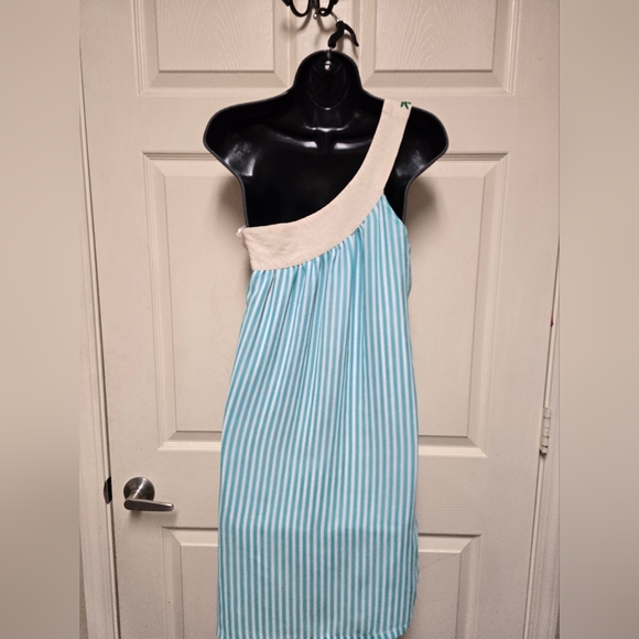 Judith March One Shoulder Embroidered Teal Blue Striped Mini Dress Womens Size M - Picture 9 of 16